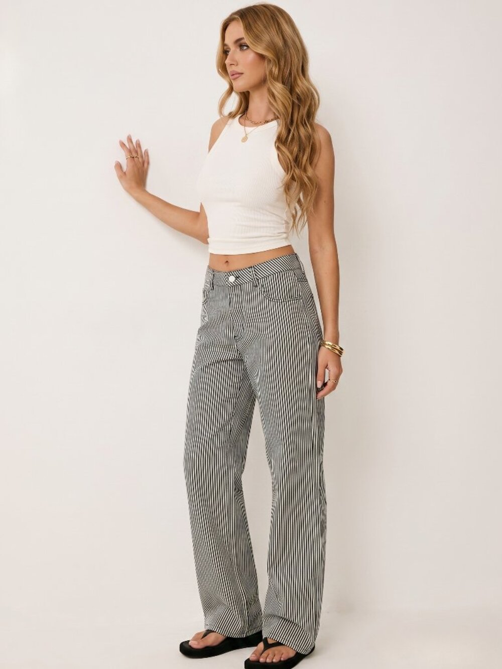 Women Striped Denim Low Rise Straight Leg Jeans Casual Cotton Chic Pants - Picture 6 of 6